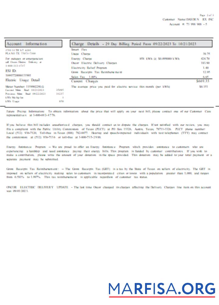 Realistic Texas Cirro Energy utility business bill, page 2 , SCR template